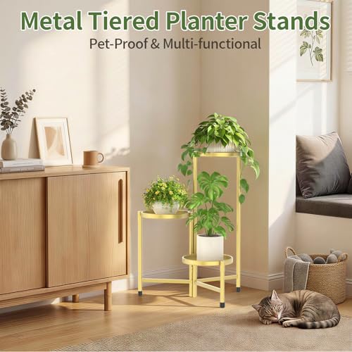 Plant Stand Indoor with 10 Inch Large Metal Tray (Classic Gold / 3 Tier)