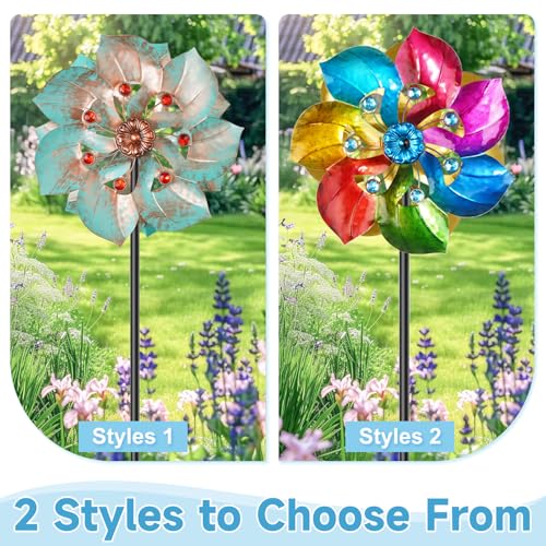Double Sided Wind Spinner Outdoor Metal Wind Sculpture with Adjustable Height Pole & 5 Prong Base (Colorful)