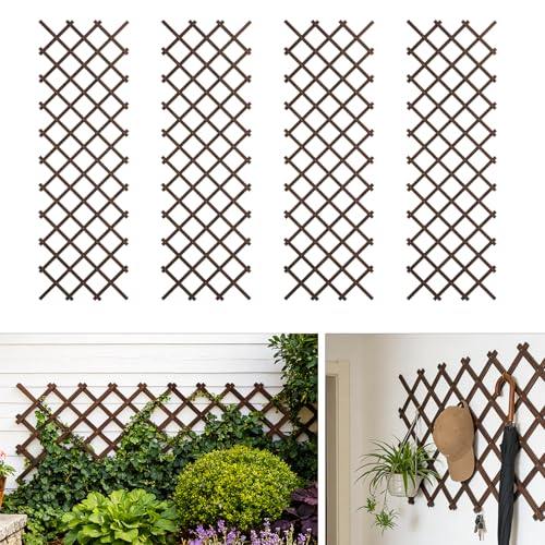 Expandable Wooden Lattice Panels Outdoor Garden Fence Trellis for Climbing Plants Roses Vines Cucumbers Weather Resistant Decorative Wood Privacy Fence (Brown-4PC / 38''x 89'')