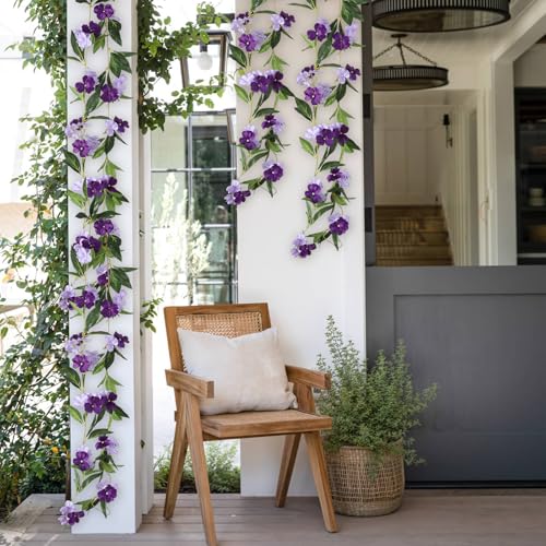 Artificial Vines Purple Flower Garland Artificial Impatiens Flowers for Outdoors Hanging Floral Vines for Home Decor Wall Fence Stairway Indoor Outdoor Wedding Hanging Baskets (Impatiens Flowers-purple)