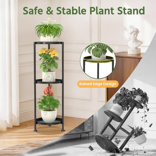 Plant Stand Indoor Tall Corner with Large Metal Tray (Standard Black / 3 Tier)