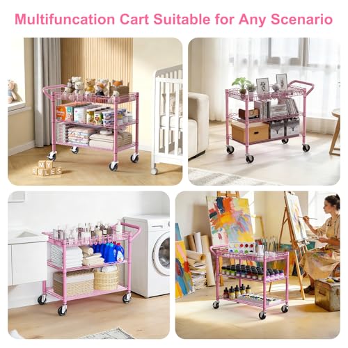 Pink Rolling Utility Cart with Wheels (Pink-3 Tier)