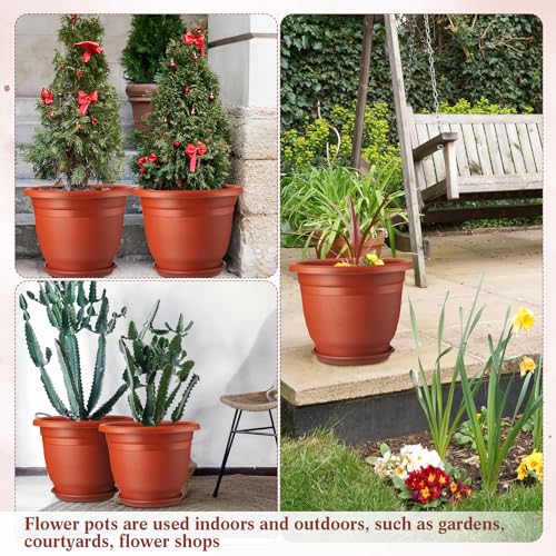 12 Pack 10'' Plastic Plant Pots Round Planter Pots with Saucer Tray Seedling Pots with Holes Seed Resin Plant Pot Starting Nursery Flower Container with Pallet for Garden Outdoor Indoor (Brown / 10'')