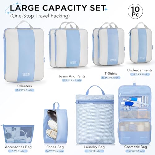 10 Set Compression Packing Cubes for Travel Essentials (Light Blue)