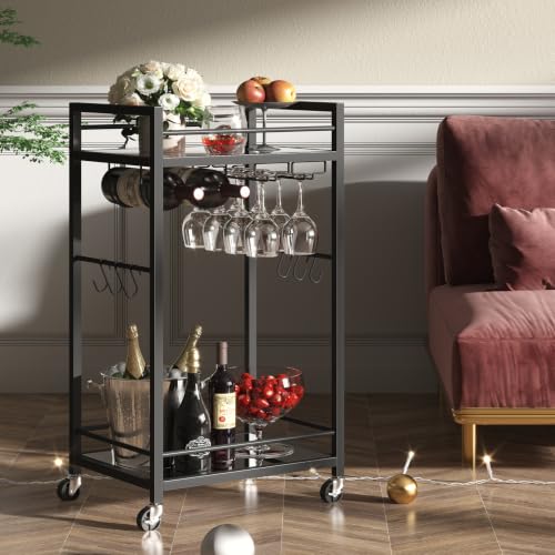 Bar Cart with 2 Mirrored Shelves (Black)