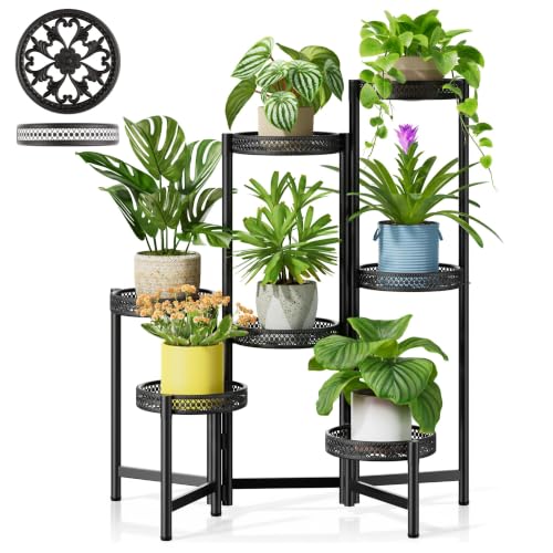 7 Tier Large Metal Plant Stand Indoor Outdoor with 7.9 Inch Wide Tray (BlackWave / 7-tiers)