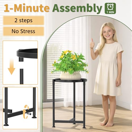 Metal Small Plant Stand Indoor Tall with 11 Inch Large Tray (Black / 1 Tier)