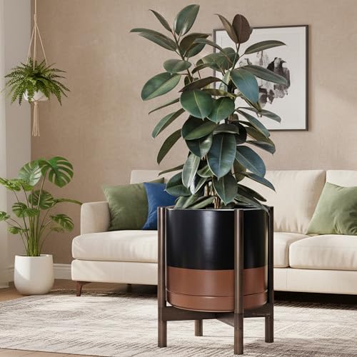 Ceramic Pot with Walnut Wood Stand (14 Inch / Black/Speckled Tan Pot + Walnut Color Stand)