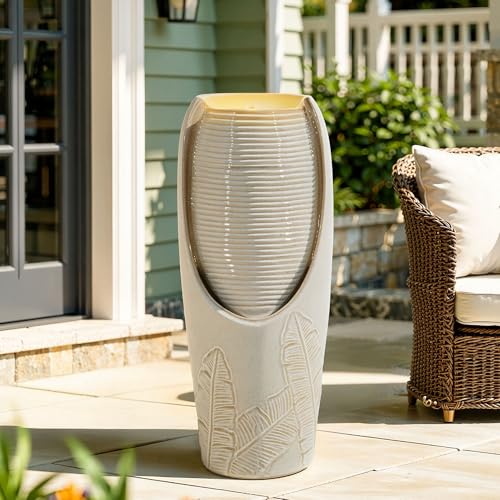 Autodaya 32"H Jar Ceramic Outdoor Water Fountain (32"h-leaf Pattern Beige Glaze)