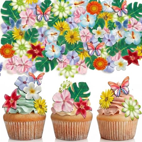 54 Pcs Edible Flowers Cupcake Cake Toppers Decorations Wafer Paper Green Leaf & Tropical Flower for for Hawaiian Birthday Tropical Luau Summer Party Wedding (Pink & Purple & Orange & Green)