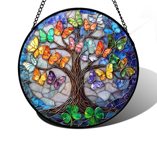Butterfly Tree of Life Stained Glass Window Hanging Suncatcher Gifts 9.8" (Colorful / 9.8x9.8 IN)