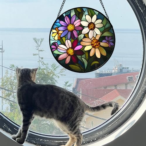 Colorful Garden Flowers Stained Glass Window Hanging Suncatcher Gifts 12" (Purple / 11.8x11.8 IN)