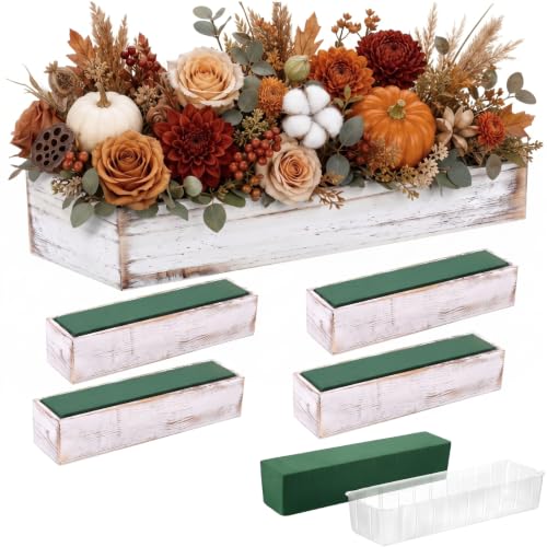 5 Set Wood Boxes for Centerpieces 16x4 Inch Rectangle Wooden Planter Box Rustic Wooden Planters with Removable Plastic Liner Floral Foam Blocks for Christmas Wedding Home Garden Decor (16 x 4 Inch / White)
