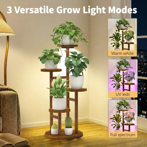 Wood Small Plant Stand Table Indoor Tall with Lights (Warm Brown with Light / 4 Tier)