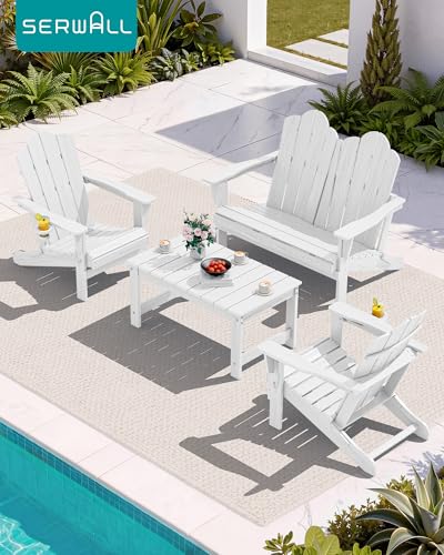 4 Pc HDPE Adirondack Set (White / 2 chair &1 bench &1 coffee table)