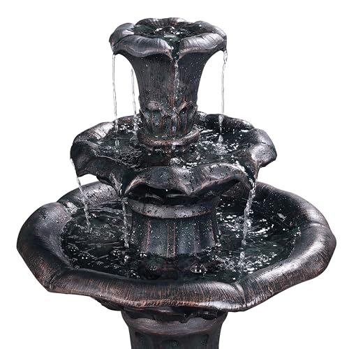 Lily Flower Floor Pedestal 3 Tiered Floor Waterfall Fountain with Pump for Outdoor Patio Garden Backyard Decking (38")