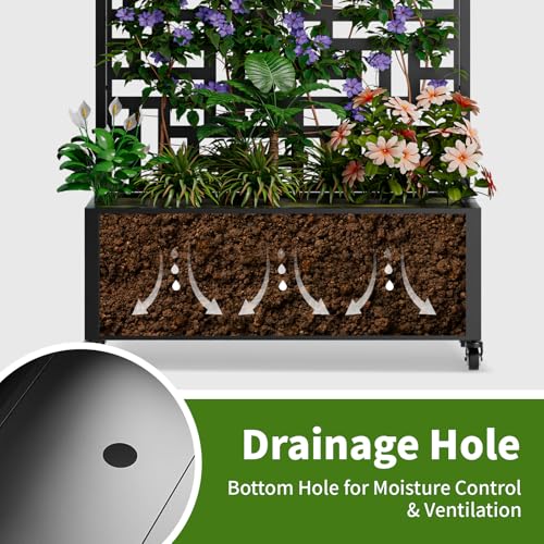 Metal Planter Box with Trellis and Wheels (Black / Rectangular C)