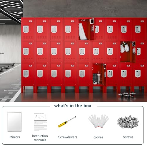Metal Lockers (Red / 3 Door-(66.15" H x 11.8" W x 11.8" D))