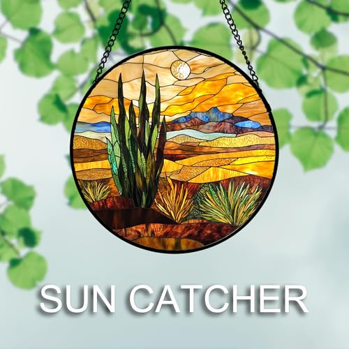 Stained Glass Window Hanging 4 Pcs Set Desert Sunset Theme Landscape 9.8" (4-piece Set Yellow-brown / 9.8x9.8 IN)