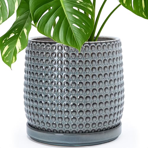 Beaded Ceramic Pot with Saucer (10.2 Inch / Graphite Blue)