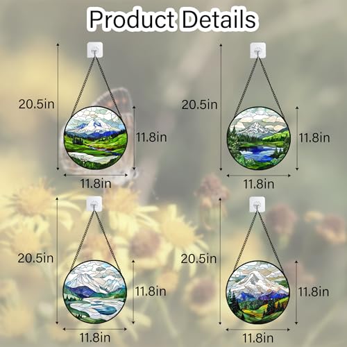 Stained Glass Window Hanging 4 Pcs Set Mountains Lake Green White Landscape Large 11.8" (4-piece White and Green Set / 11.8x11.8 IN)