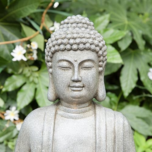 Buddha Outdoor Water Fountain with Lights and Pump (Concrete Buddha W/Lotus Leaf&flower Basins / 28.25"H)