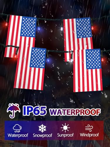 4th of July Decorations 50 LED Solar American Flag String Lights Outdoor (Red-Blue-White Flag / 1 Pack)