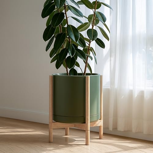 Ceramic Pot with Natural Wood Stand (14 Inch / Olive Pot + Natural Stand)