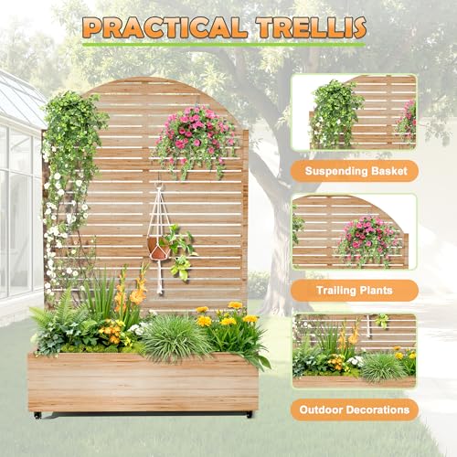 Metal Raised Garden Bed with Trellis and Wheels (Acacia Wood Grain-louvered / 71" x 47" x 16")