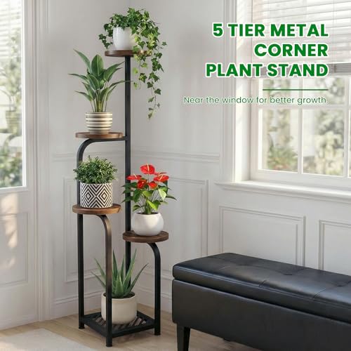 Tall 5 Tier Corner Plant Stand Indoor (Wood + Black / 5-Tier Square Base)