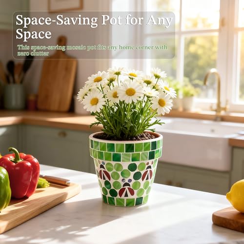 Mosaic Terracotta Flower Pot with Ladybug Design (Green)