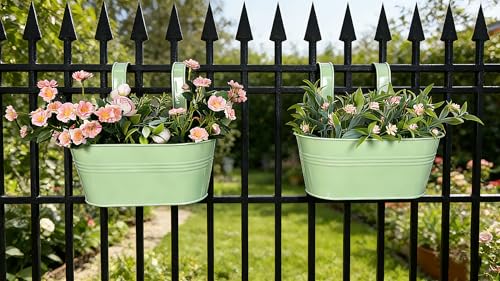 2 Pack 10" Balcony Hanging Metal Fence Planters Flower Pots (Mint Green)