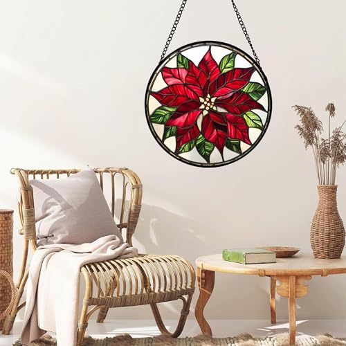 Red Poinsettia Flower Stained Glass Window Hanging Suncatcher Gifts 6.3" (Red and White / 6.3x6.3 IN)