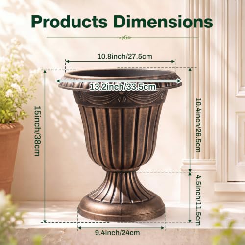 4 Pcs 13 x 15 Inches Brushed Copper Plastic Urn Planter Classic Flower Pots Front Porch Planters Indoor Outdoor Planters with Pedestal for Wedding Party Bridal Shower Garden Patio Porch (13 x 15 Inches / Brushed Copper)
