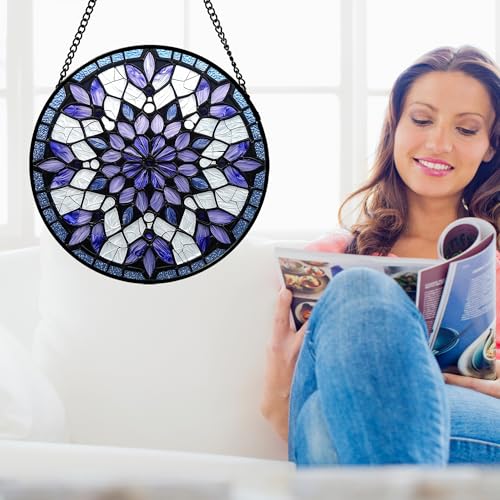 Stained Glass Window Hanging Snowflake Suncatcher Gifts for Women 7.8" (Yellow-green / 7.8x7.8 IN)