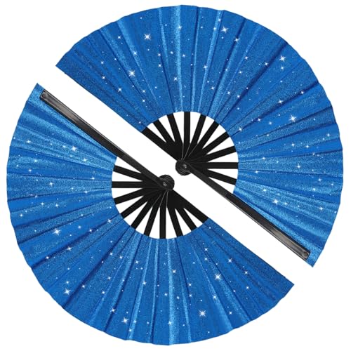 2 Pack Glitter Large Folding Hand Fans for Line Dancing (Royal Blue)