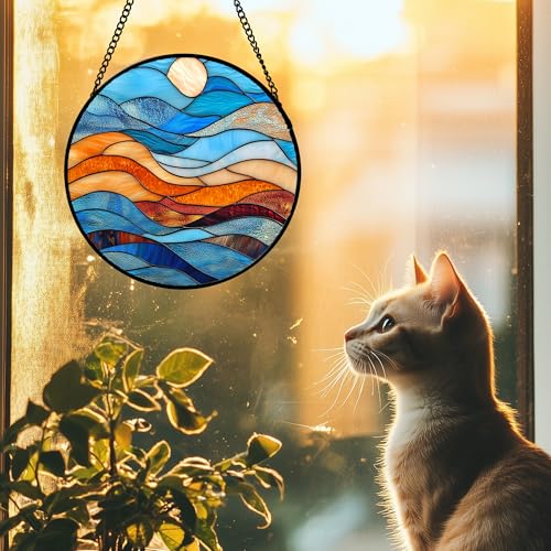 Stained Glass Window Hanging 4 Pcs Set Blue Orange Ocean Beach Theme 6.3" (4-piece Set: Blue Ocean / 6.3x6.3 IN)