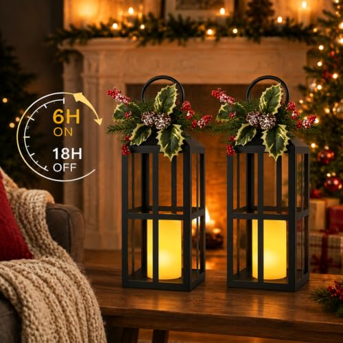 Christmas Lanterns 2 Pack with LED Candles for Christmas Porch Decor