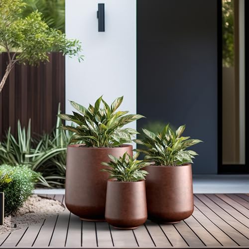 Set of 3 Rusty Concrete Curved Planters 16.5" 13" 9.4" Dia (3 Count)
