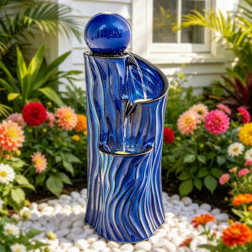 32"Ceramic 3 Tier Sphere Outdoor Water Fountain (Blue Wave Texture Cobalt 32"h-sphere)