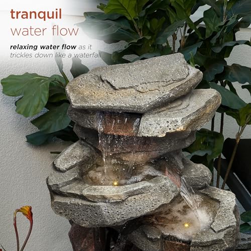 40" Tall Outdoor Multitiered Rock Waterfall Floor Fountain with LED Lights (Gray - 40" H - Multi-tier W/ Warm White Leds)