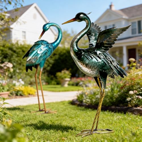 Garden Crane Statues Blue Heron Metal Birds Yard Art Ornament (Dark Blue)