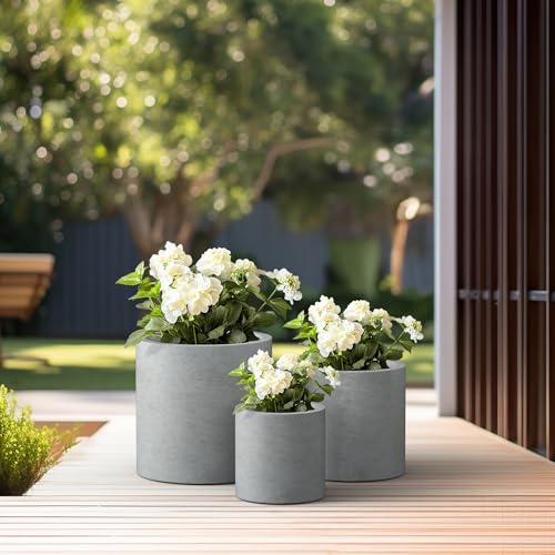 Set of 3 Pale Gray Concrete Cylinder Planters 15.8" 12.9" 9.8" Dia (Natural Concrete / 9.8",12.6",15.7" Dia)