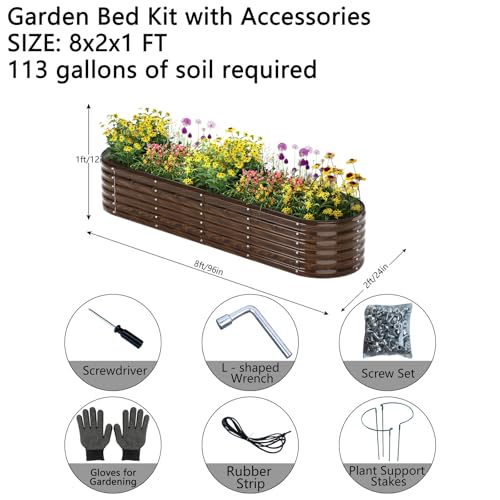 Galvanized Metal Planter Round Raised Garden Bed Kit for Gardening Outdoor Garden Box Raised Flower Bed 1PC Wooden Color 8X2X1FT (Brown / 8x2x1FT（1pcs）)
