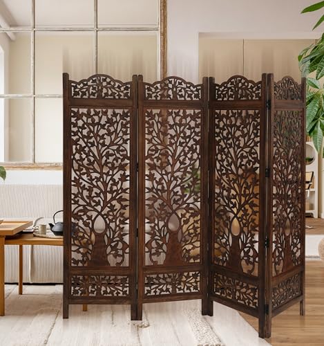 Room Divider Wooden Foldable Hand Carved Screens Panel_80" Wx72 H_4Panel (Burnt / 80"W x 72"H - Tree)