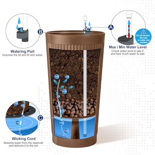 Self Watering Tall Planters Set of 2 (Brown-round Ribbed)