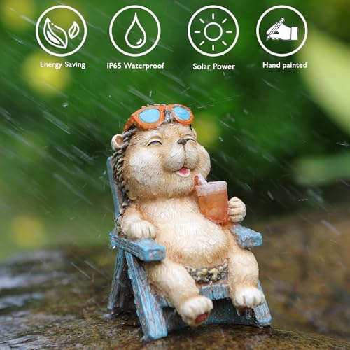 Hedgehog Statue Outdoor Solar Garden Decor for Outside Lawn Yard Patio (Brown)