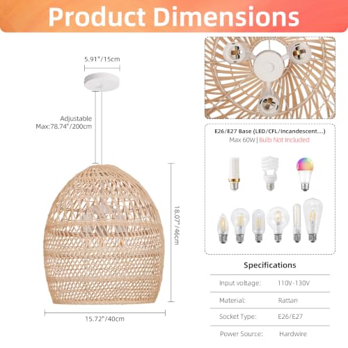 3 Light Boho Rattan Chandelier for Kitchen Island Dining Room (Rattan / 3-Light / 18″H)