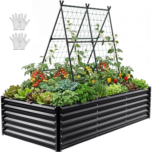 8x4x2ft Galvanized Raised Garden Bed with Cucumber Trellis (Black / 8x4x2ft W/ Trellis)