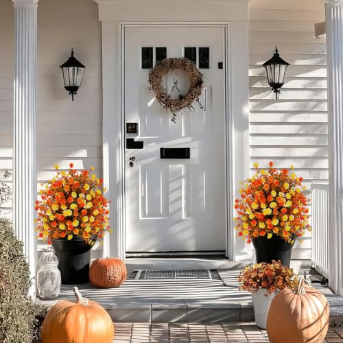 Set of 2 Fall Artificial Mums Ball Topiary Trees Outdoor (Fall)